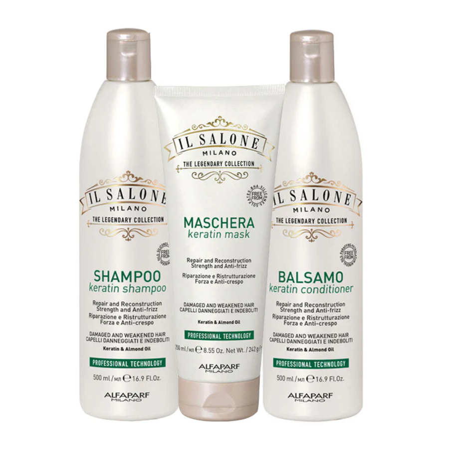 Alfaparf Il Salone Milano Keratin Shampoo 500ml + Mask 250ml + Leave-in Spray 200ml